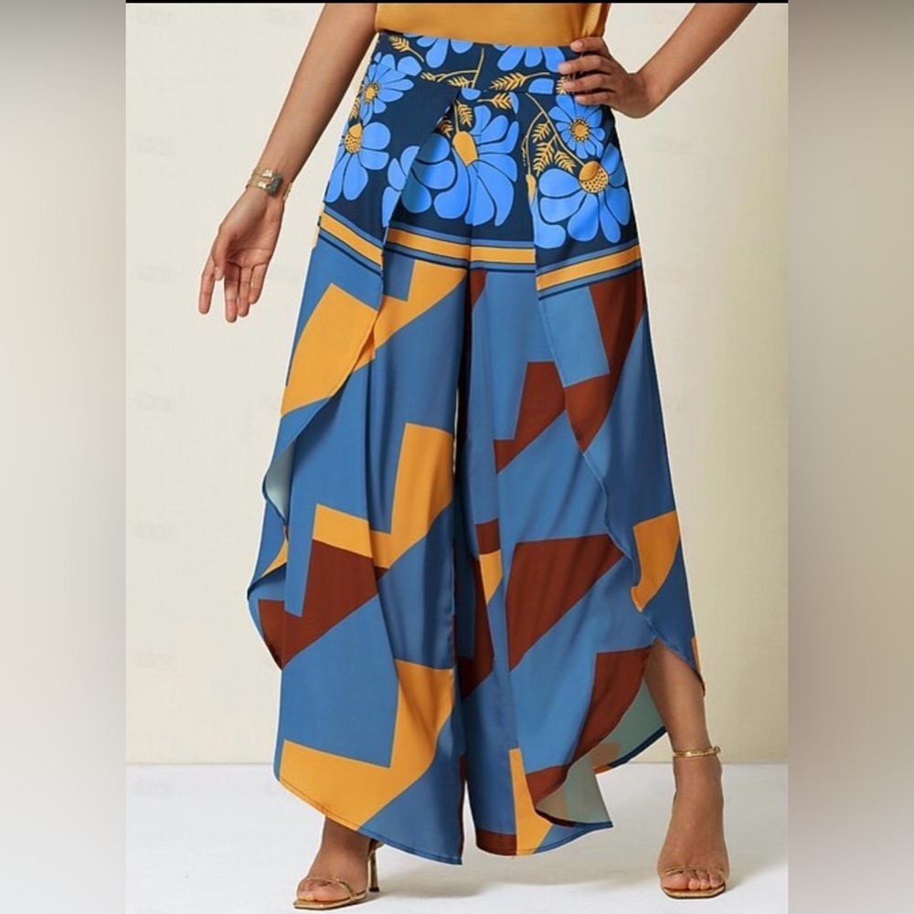 Adore Silky Satin Blue and Yellow Geometric Floral Pants Size L